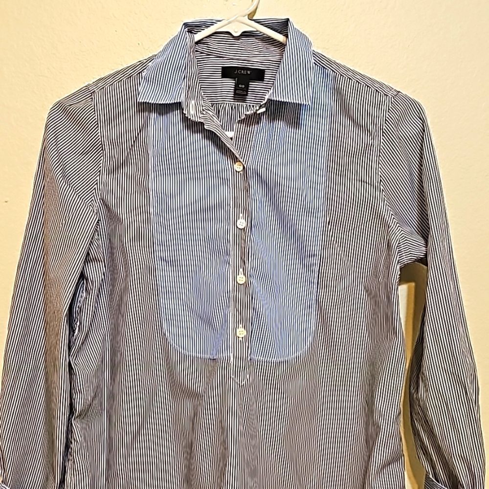 J Crew Striped Bib Popover Shirt Blue White Preppy Crisp Classic Sz‎ 00